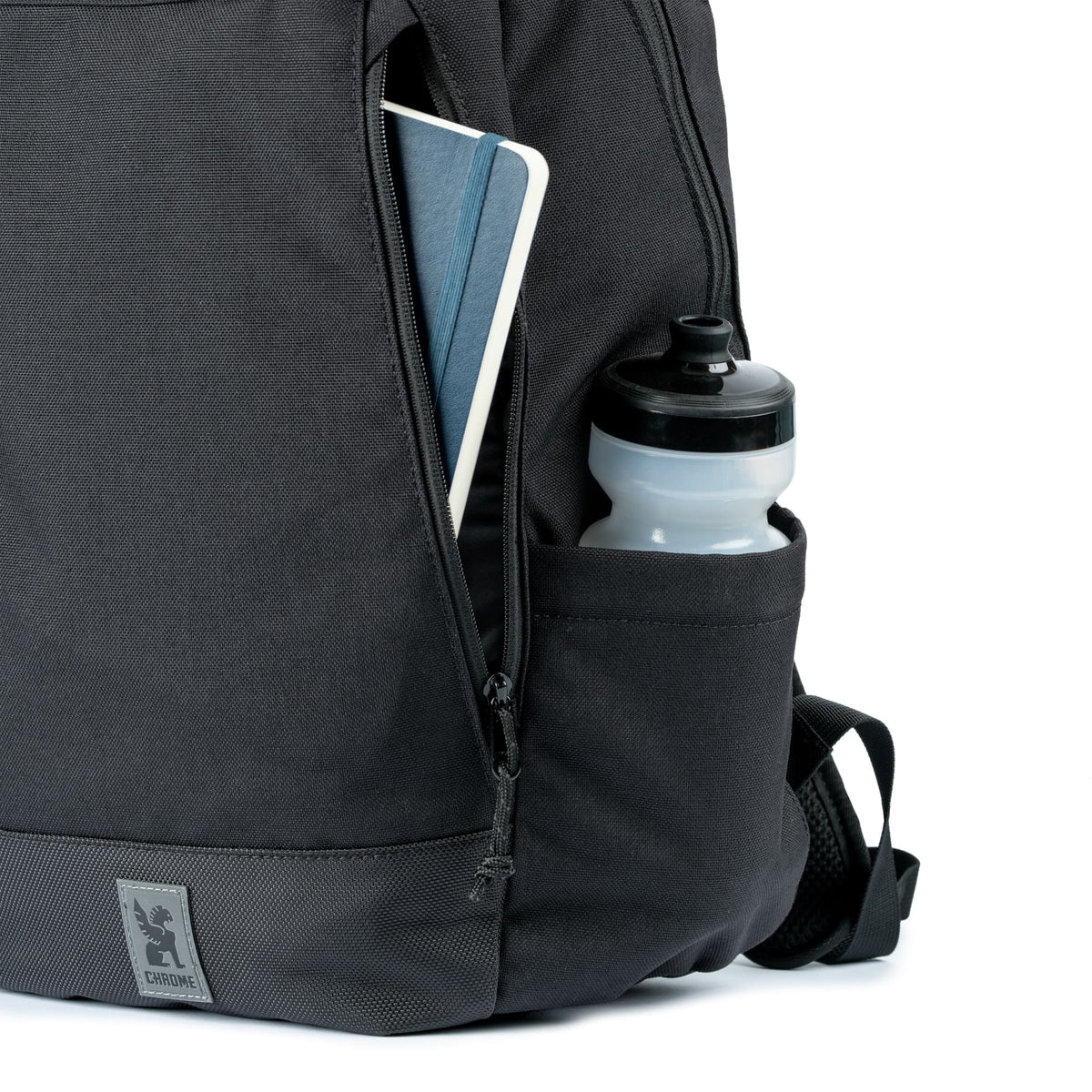 Chrome Recruit 22L backpack side zip pocket and bottle pocket