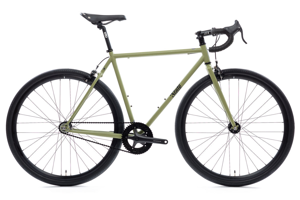 State Bicycle Co. 4130 Matte Olive fixed gear single-speed bike, side view