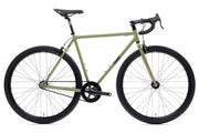 State Bicycle Co. 4130 Matte Olive fixed gear single-speed bike, side view