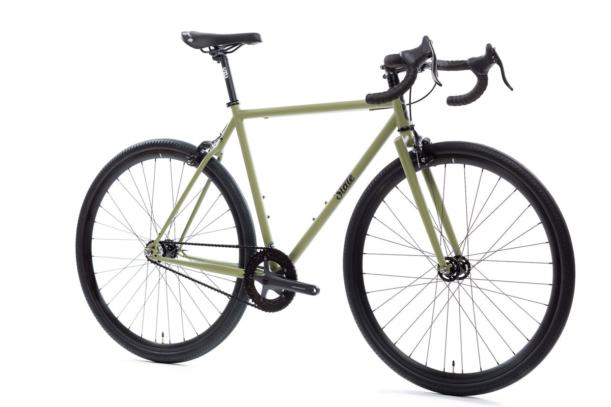 State Bicycle Co. 4130 Matte Olive wishbone rear and 38 mm tyre clearance
