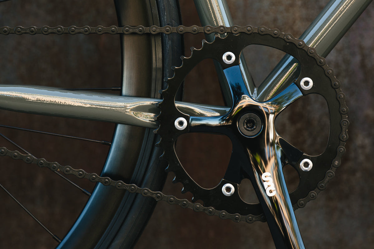 State Bicycle Co. Core-Line Earthstone crankset detail, lifestyle shot