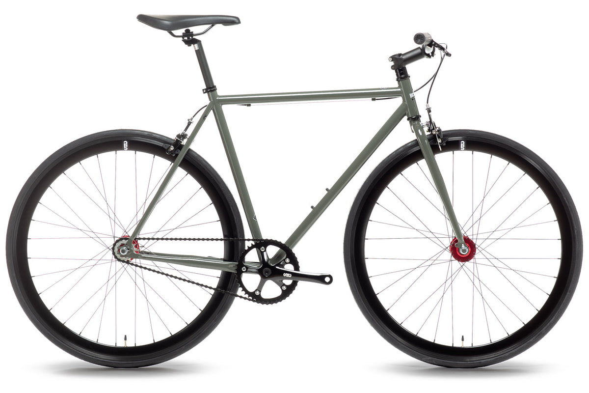 State Bicycle Co. Core-Line Earthstone grey-green fixed gear bike, side view