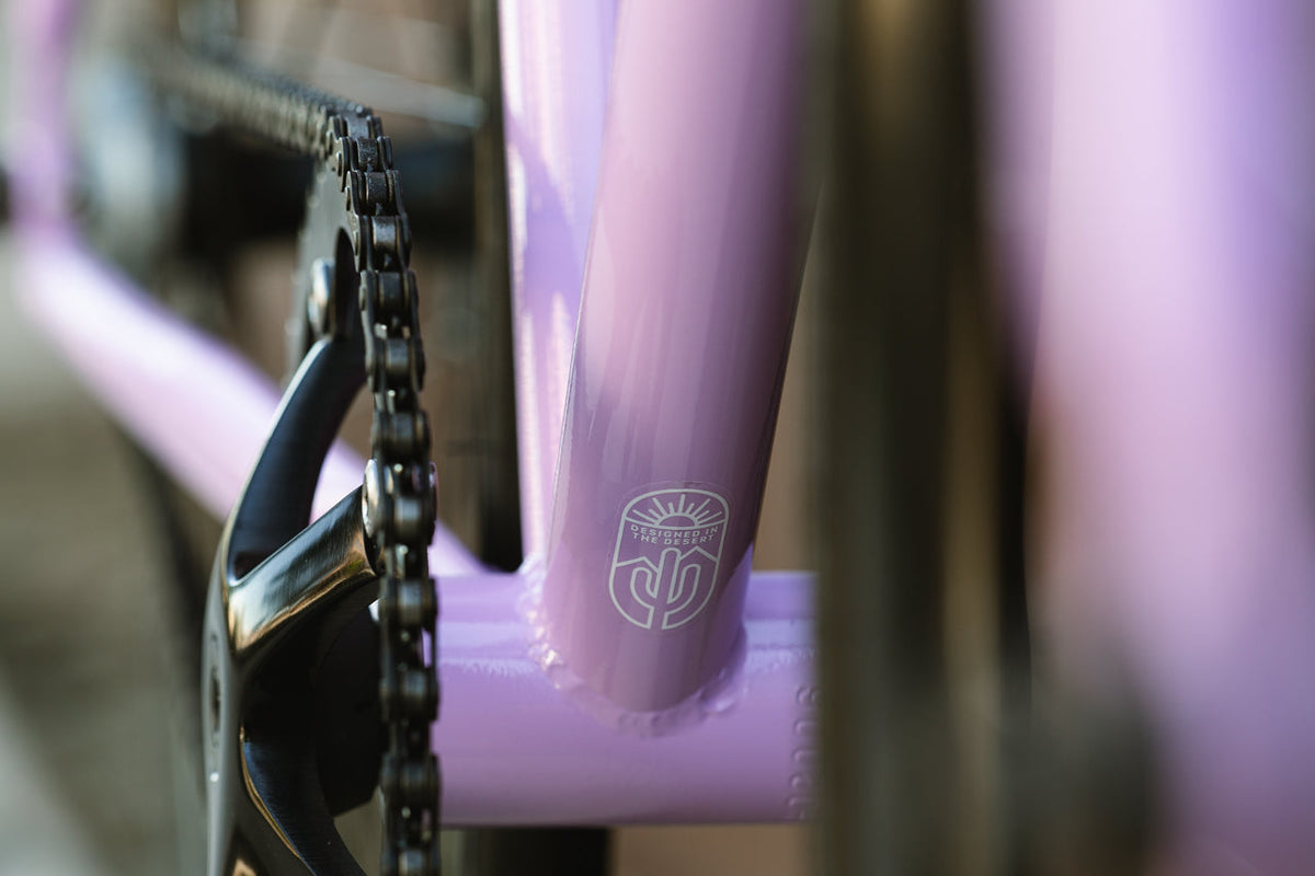 State Bicycle Co. Core-Line Lavender Haze down tube logo detail