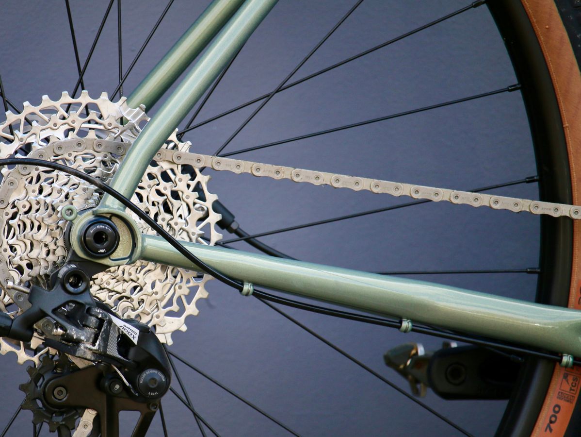 Wilde Rambler Frameset Sage Green Shimmer bottom bracket area detail