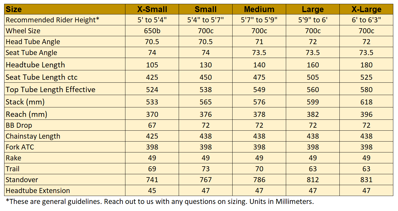 Wilde Rambler SL geometry chart, sizes X-Small to X-Large