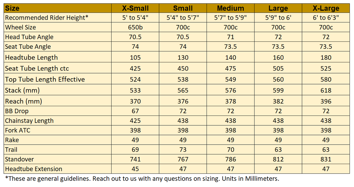 Wilde Rambler SL geometry chart, sizes X-Small to X-Large