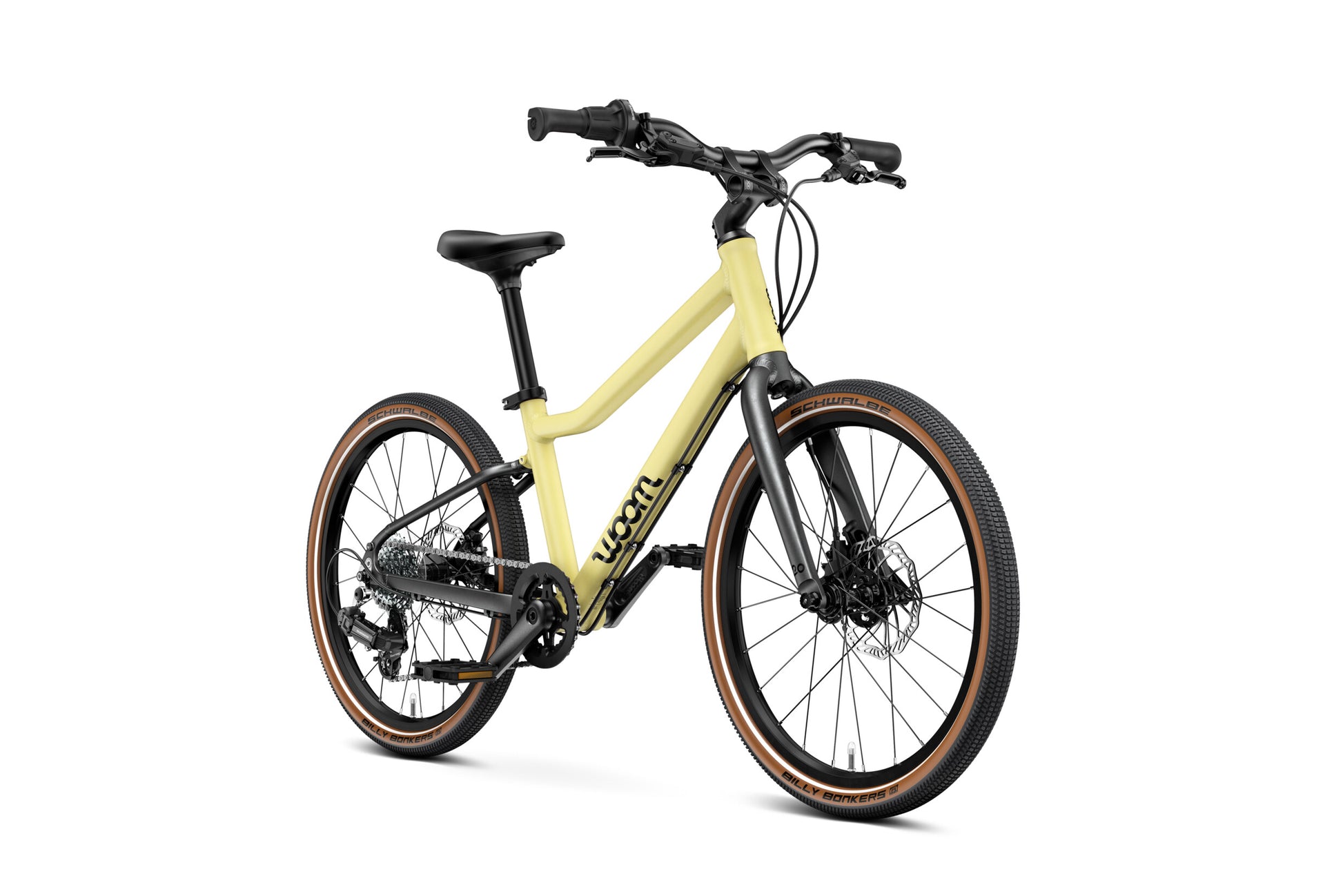 WOOM Explore 4 Mellow Yellow 20-inch kids bike three-quarter view