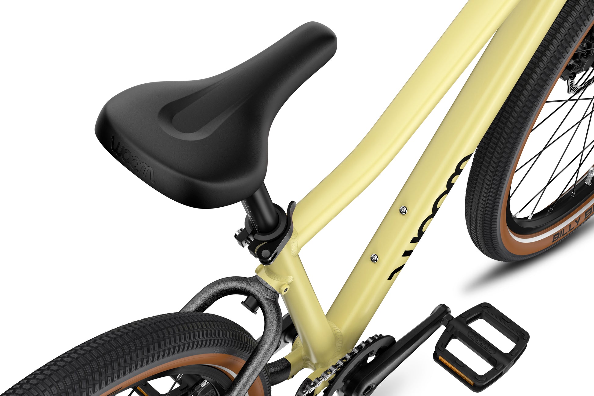 WOOM Explore 4 Mellow Yellow ergonomic saddle and quick-release seatpost clamp
