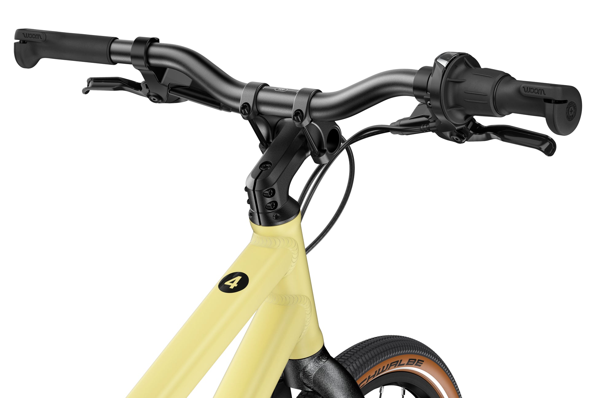 WOOM Explore 4 Mellow Yellow adjustable stem and cockpit detail