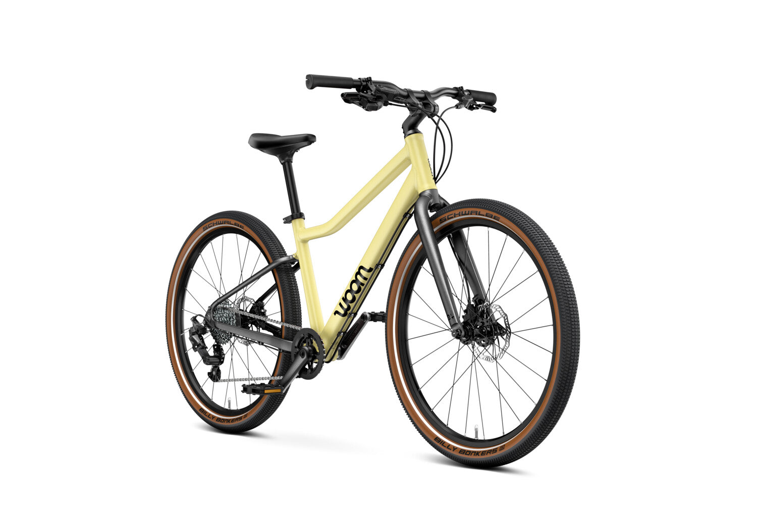 WOOM Explore 5 Mellow Yellow 24-inch kids bike three-quarter view