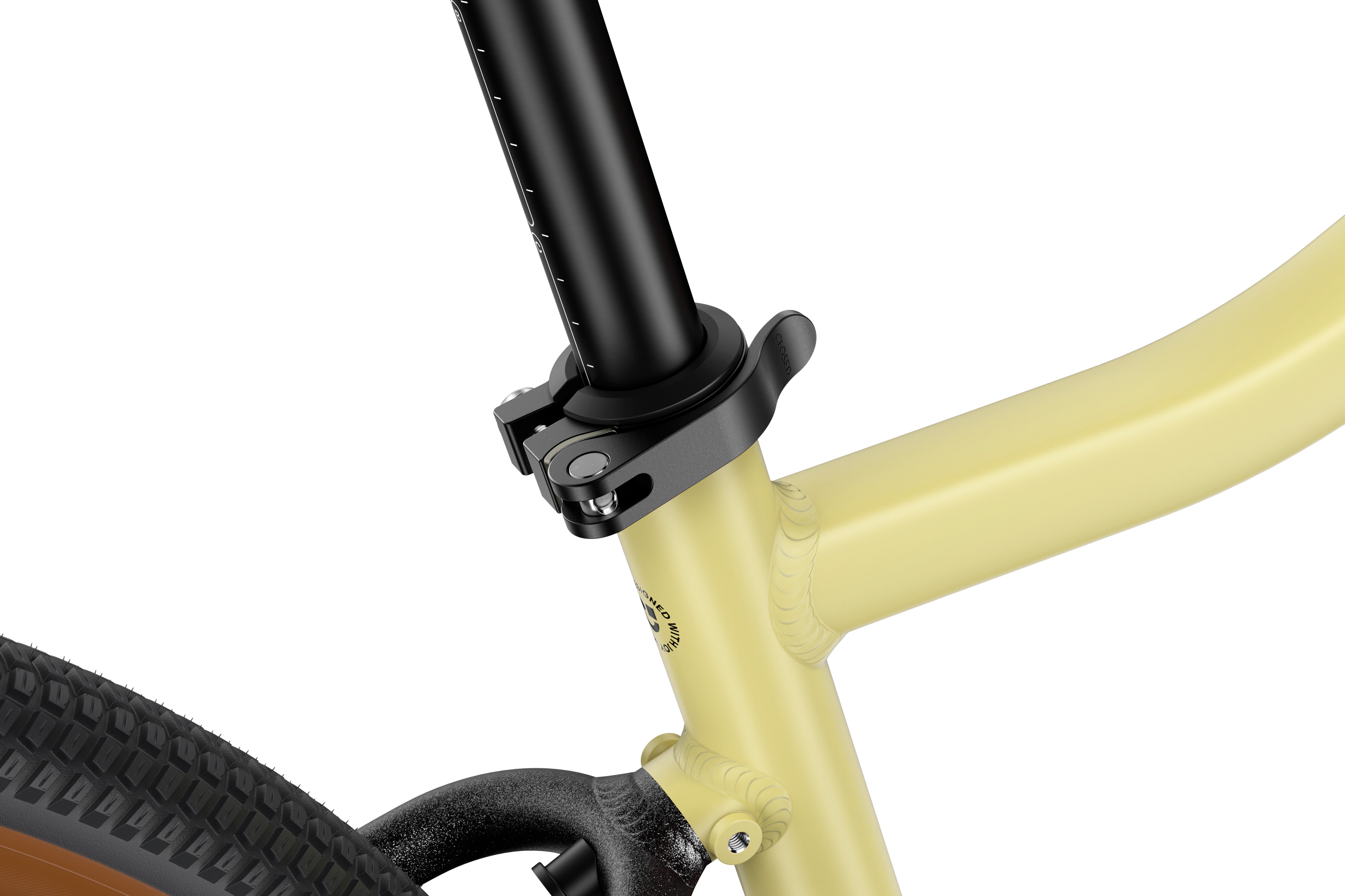 WOOM Explore 5 Mellow Yellow quick-release seatpost clamp detail